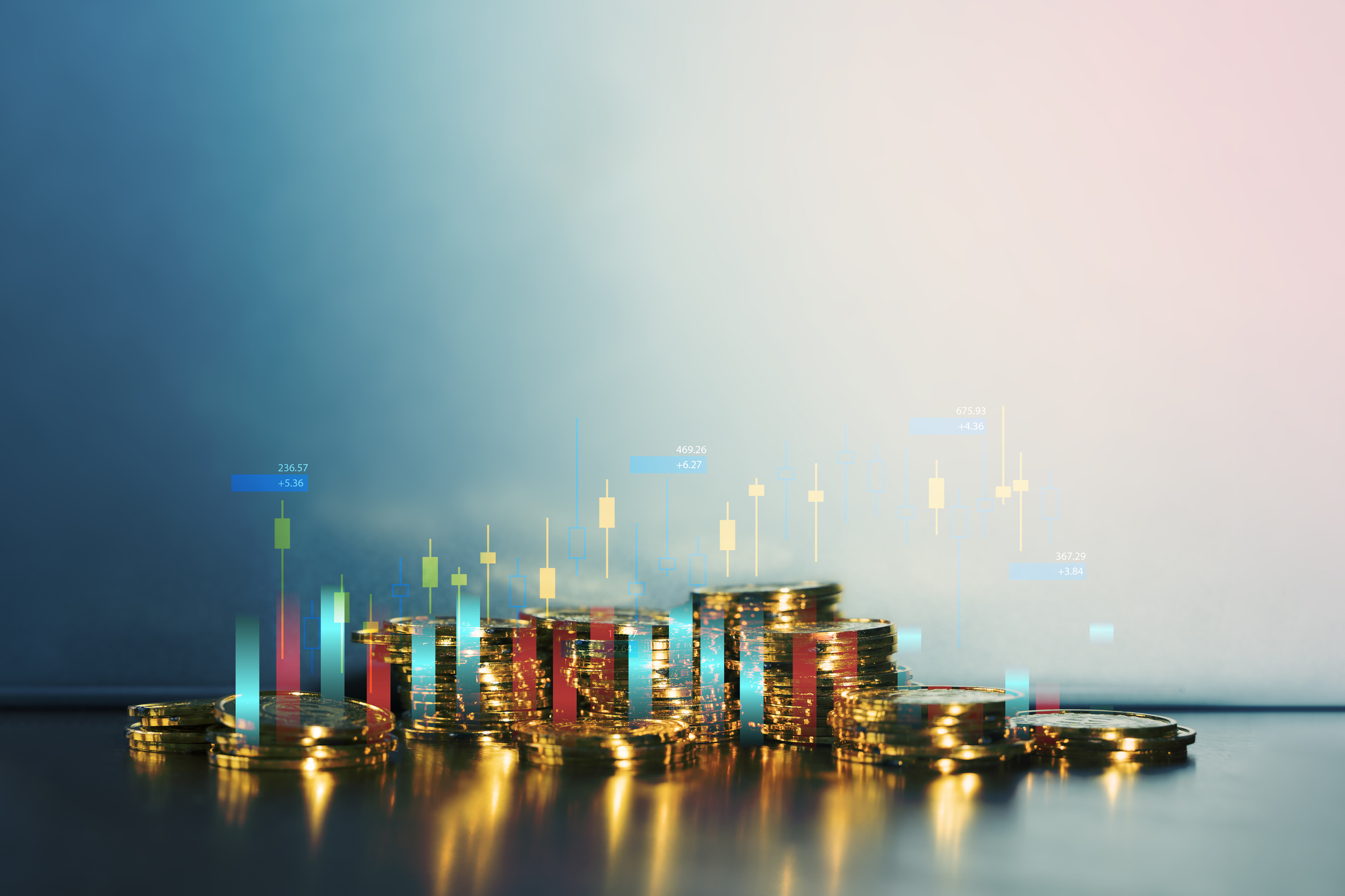 Stack of gold coins with candlestick chart, financial market investment, cryptocurrency and wealth growth